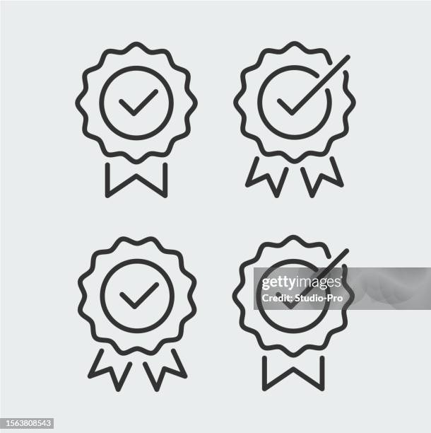 check mark award icon set. flat line art symbols template - permission concept stock illustrations
