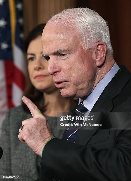 Sen. John McCain and Sen. Kelly Ayotte hold a news conference on the Benghazi terrorist attack at the U.S. Capitol November 14, 2012 in Washington,...