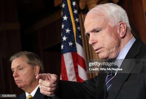 Sen. John McCain and Sen. Lindsey Graham hold a news conference on the Benghazi terrorist attack at the U.S. Capitol November 14, 2012 in Washington,...