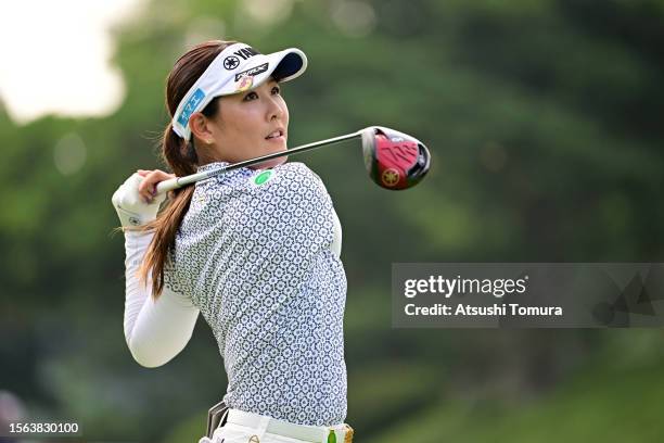 Mami Fukuda of Japan hits her tee shot on the 6th hole during the rest of third round of DAITO KENTAKU eheyanet Ladies at the Queen's Hill Golf Club...