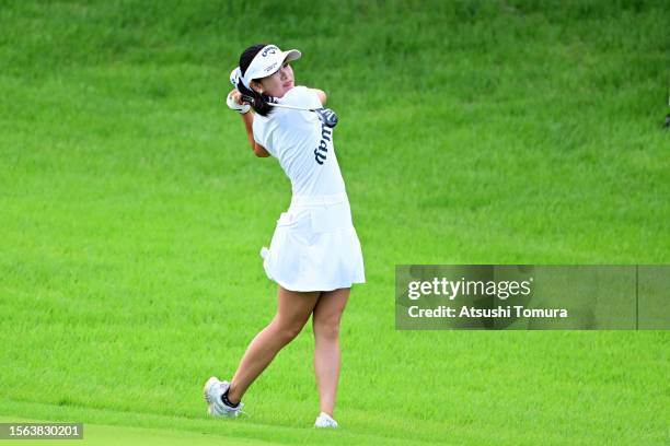 Yui Kawamoto of Japan hits her second shot on the 6th hole during the rest of third round of DAITO KENTAKU eheyanet Ladies at the Queen's Hill Golf...