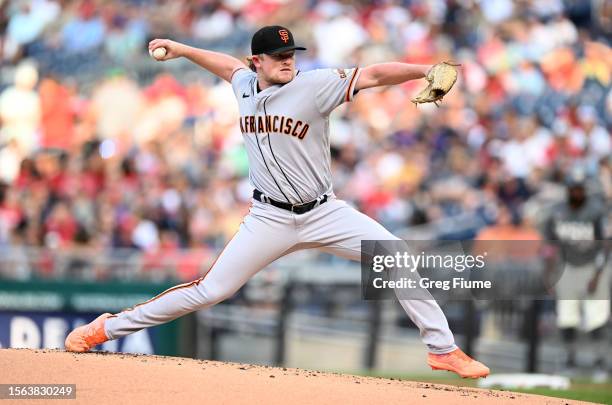 Logan Webb of the San Francisco Giants pitches in the first inning against the Washington Nationals at Nationals Park on July 22, 2023 in Washington,...