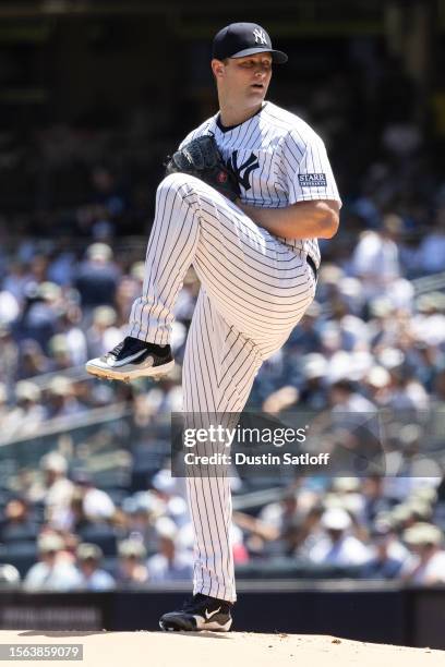 Gerrit Cole of the New York Yankees throws a pitch during the first inning of the game against the Kansas City Royals at Yankee Stadium on July 22,...