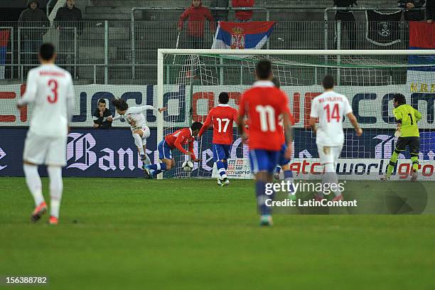 Lazar Markovic of Serbia in action during the FIFA Friendly match between Chile and Serbia at Arena Saint Gallen stadium on November 14, 2012 in...