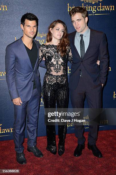 Taylor Lautner, Kristen Stewart and Robert Pattinson attend the UK Premiere of 'The Twilight Saga: Breaking Dawn - Part 2' at Odeon Leicester Square...