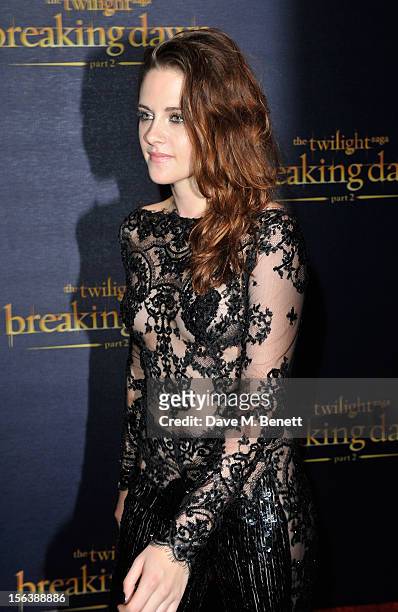 Kristen Stewart attends the UK Premiere of 'The Twilight Saga: Breaking Dawn Part 2' at Odeon Leicester Square on November 14, 2012 in London,...