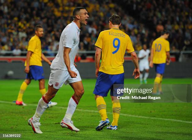 Steven Caulker of England celebrates scoring to make it 2-1 during the international friendly match between Sweden and England at the Friends Arena...