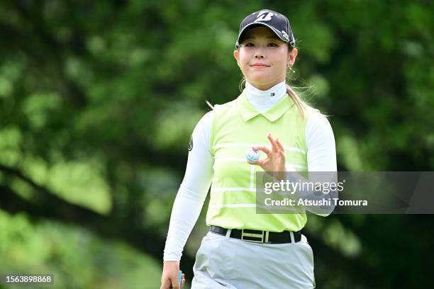 Yuri Yoshida of Japan acknowledges the gallery after the birdie on the 6th green during the rest of third round of DAITO KENTAKU eheyanet Ladies at...