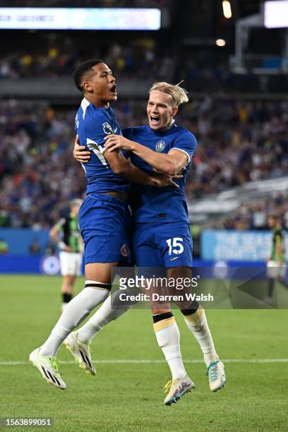 Mykhaylo Mudryk of Chelsea celebrates a goal with Charlie Webster of Chelsea during the second half of the pre season friendly match against the...