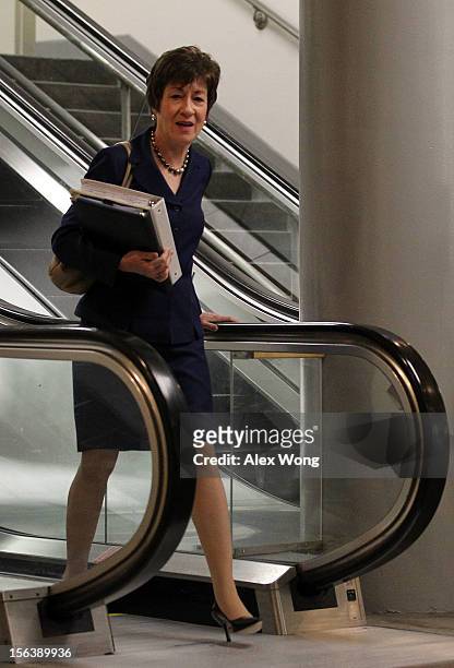 Senator and ranking member of the Senate Homeland Security and Governmental Affairs Committee Susan Collins gets off an escalator at the U.S. Capitol...