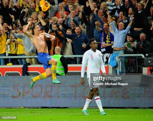 Zlatan Ibrahimovic of Sweden celebrates scoring his 4th goal during the international friendly match between Sweden and England at the Friends Arena...