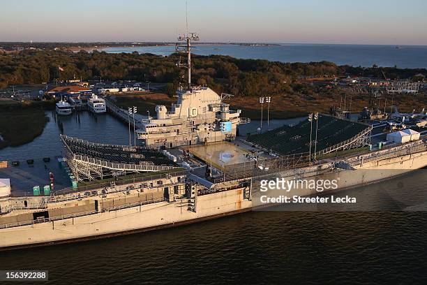 General view of the USS Yorktown in Charleston Harbor as preparations take place ahead of the Walmart Carrier Classic on November 8, 2012 in...