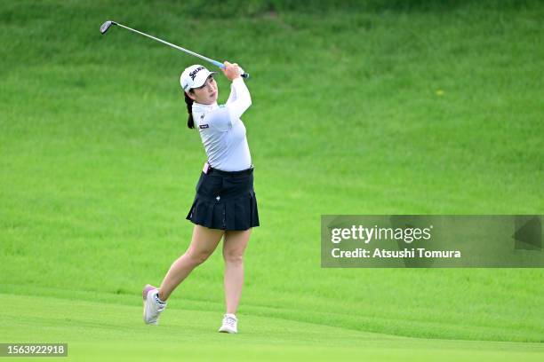 Sakura Koiwai of Japan hits her second shot on the 6th hole during the rest of third round of DAITO KENTAKU eheyanet Ladies at the Queen's Hill Golf...