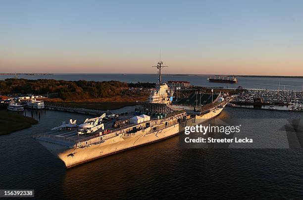 General view of the USS Yorktown in Charleston Harbor as preparations take place ahead of the Walmart Carrier Classic on November 8, 2012 in...