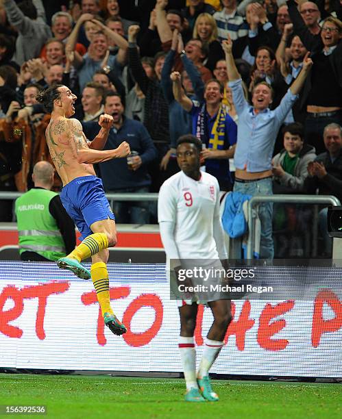 Zlatan Ibrahimovic of Sweden celebrates scoring his 4th goal during the international friendly match between Sweden and England at the Friends Arena...