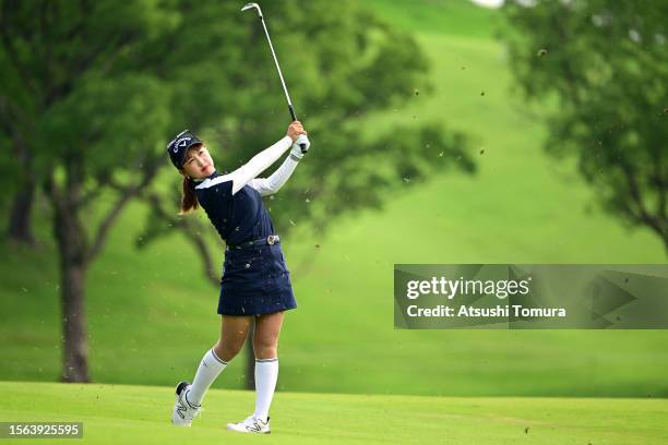 Hana Lee of South Korea hits her third shot on the 6th hole during the rest of third round of DAITO KENTAKU eheyanet Ladies at the Queen's Hill Golf...