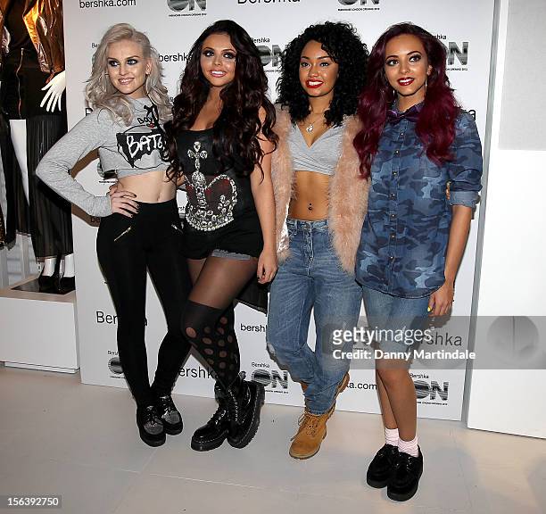 Little Mix members Perrie Edwards, Jesy Nelson, Leigh-Anne Pinnock and Jade Thirlwall attend the launch of the Bershka flagship store on November 14,...