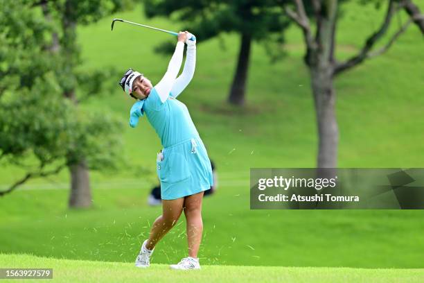 Yuka Nii of Japan hits her third shot on the 6th hole during the rest of third round of DAITO KENTAKU eheyanet Ladies at the Queen's Hill Golf Club...