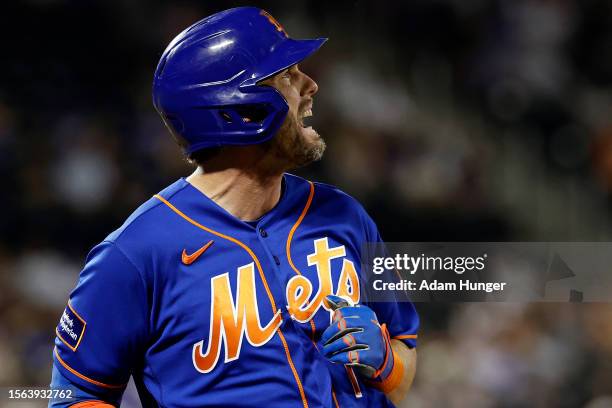 Jeff McNeil of the New York Mets reacts after grounding out in the sixth inning against the Washington Nationals at Citi Field on July 29, 2023 in...