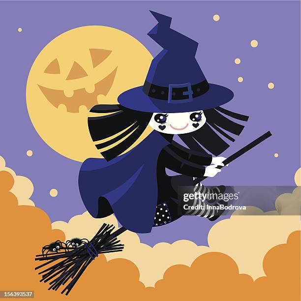 little halloween witch&pumpkin moon - witch stock illustrations