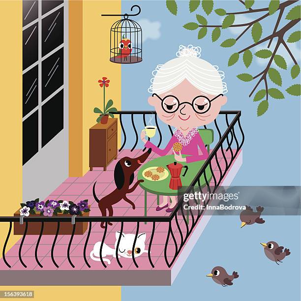 coffee on the balcony. - pansy stock illustrations