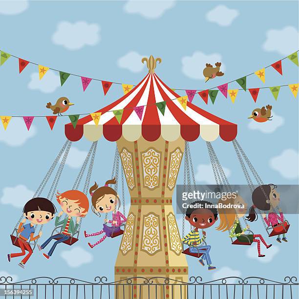 children on a carousel. - roundabout stock illustrations