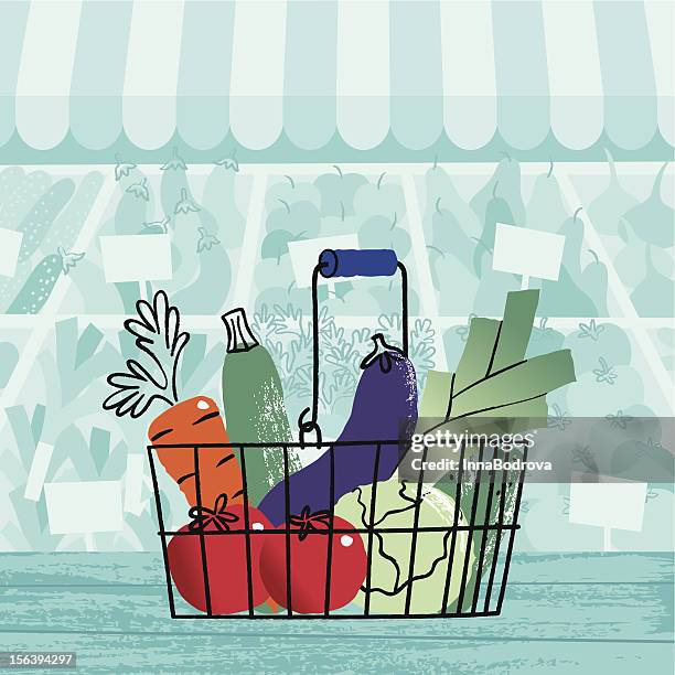 ilustraciones, imágenes clip art, dibujos animados e iconos de stock de canasta de verduras. - cesta de compras