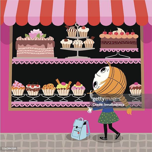 girl and confectionery showcase. - strawberry shortcake stock illustrations