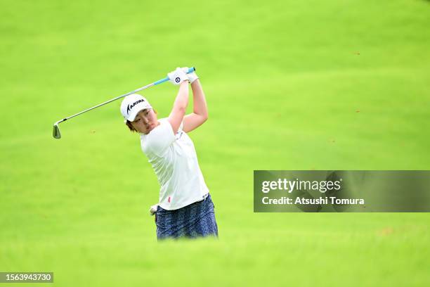 Mio Kotaki of Japan hits her third shot on the 6th hole during the rest of third round of DAITO KENTAKU eheyanet Ladies at the Queen's Hill Golf Club...