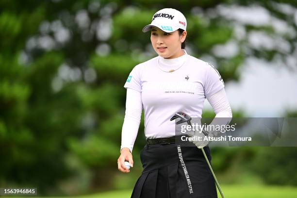 Sakura Koiwai of Japan reacts on the 9th green during the rest of third round of DAITO KENTAKU eheyanet Ladies at the Queen's Hill Golf Club on July...