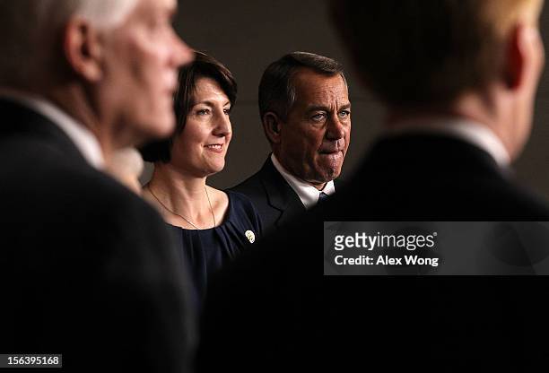 Speaker of the House Rep. John Boehner as Rep. Cathy McMorris Rodgers listen during a news conference to introduce the House Republican leadership...