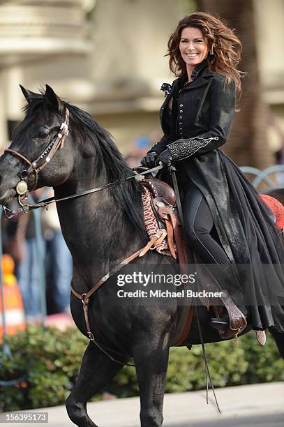 International superstar Shania Twain rides up the Las Vegas Strip on horseback to greet fans on to The Colosseum at Caesars Palace on November 14,...