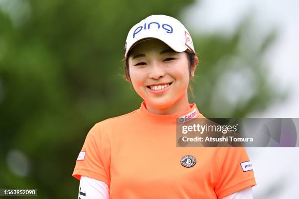 Shuri Sakuma of Japan smiles after the birdie on the 9th green during the rest of third round of DAITO KENTAKU eheyanet Ladies at the Queen's Hill...