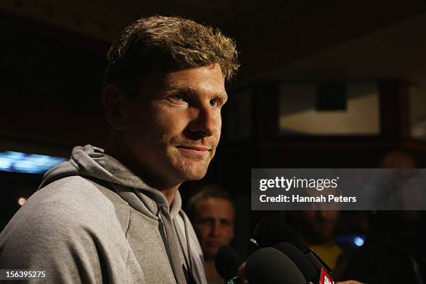 Adam Thomson of the All Blacks returns from an IRB hearing at the Parco Dei Principi Hotel on November 14, 2012 in Rome, Italy. Thompson received a...