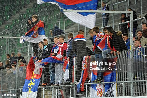 Fans of Serbia cheer for their team during the FIFA Friendly match between Chile and Serbia at Arena Saint Gallen stadium on November 14, 2012 in...