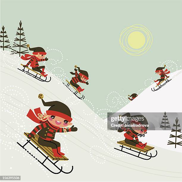 ilustrações, clipart, desenhos animados e ícones de natal elfos. - tobogganing