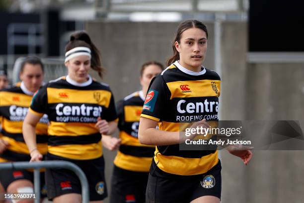 Elle Johns of Taranaki leads her team out during the round two Farah Palmer Cup match between Taranaki and Manawatu at Yarrow Stadium, on July 23 in...