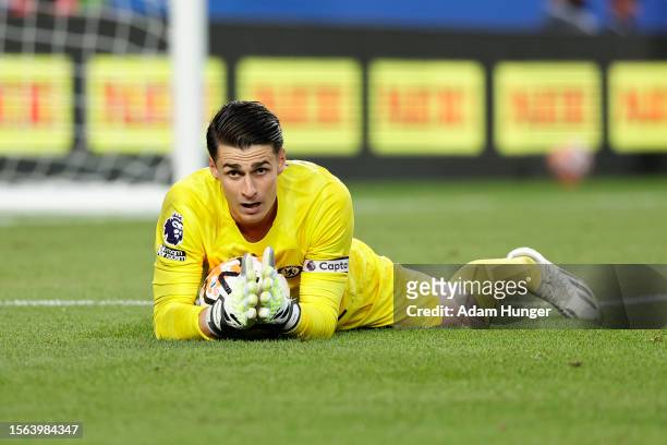 Kepa Arrizabalaga of Chelsea controls the ball during the second half against the Brighton & Hove Albion at Lincoln Financial Field on July 22, 2023...