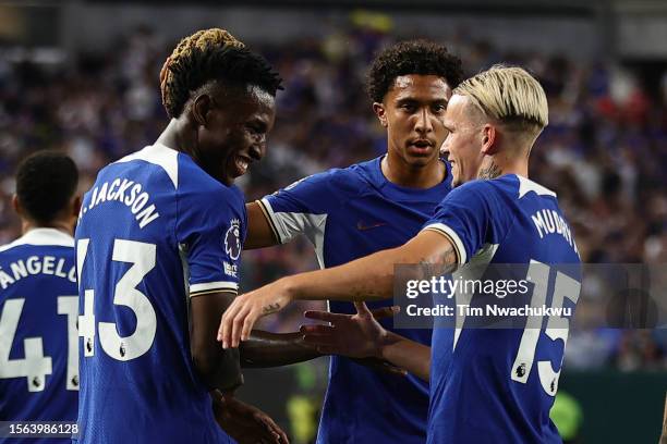 Nicolas Jackson and Mykhaylo Mudryk of Chelsea celebrate after a goal during the second half of the pre season friendly match against the Brighton &...