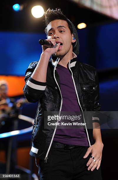 Singer/songwriter Prince Royce performs onstage during rehearsals for the 13th annual Latin GRAMMY Awards at the Mandalay Bay Events Center on...