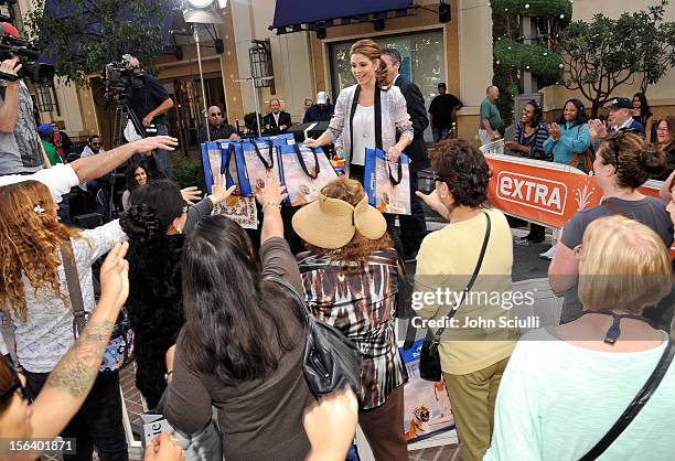 Maria Menounos hands out Cost Plus World Market's Life of Pi gift bags on the set of Extra during the Cost Plus World Market's Life of Pi Sweepstakes...