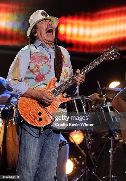 Recording artist Carlos Santana performs onstage during rehearsals for the 13th annual Latin GRAMMY Awards at the Mandalay Bay Events Center on...