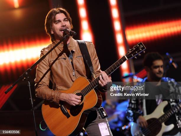 Singer/songwriter Juanes performs onstage during rehearsals for the 13th annual Latin GRAMMY Awards at the Mandalay Bay Events Center on November 14,...