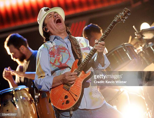 Recording artist Carlos Santana performs onstage during rehearsals for the 13th annual Latin GRAMMY Awards at the Mandalay Bay Events Center on...