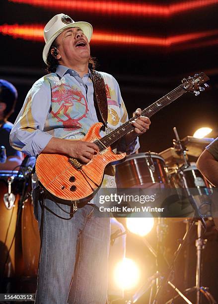 Recording artist Carlos Santana performs onstage during rehearsals for the 13th annual Latin GRAMMY Awards at the Mandalay Bay Events Center on...