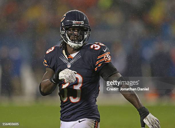 Charles Tillman of the Chicago Bears moves to his position against the Houston Texans at Soldier Field on November 11, 2012 in Chicago, Illinois. The...