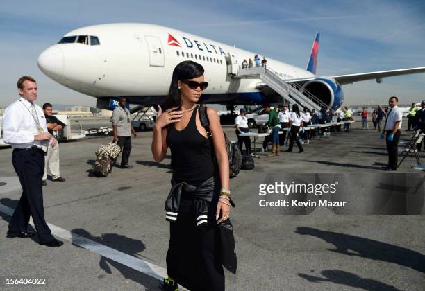 Rihanna arrives on the plane to her first stop on the 777 tour on November 14, 2012. Rihanna's 777 Tour - 7 countries, 7 days, 7 shows in celebration...