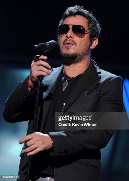 Singer Alejandro Sanz performs onstage during rehearsals for the 13th annual Latin GRAMMY Awards at the Mandalay Bay Events Center on November 14,...