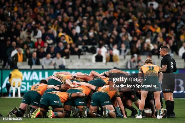 Scrum between Wallabies and All Blacks players during the Bledisloe Cup match between Australia Wallabies and New Zealand All Blacks at The Melbourne...