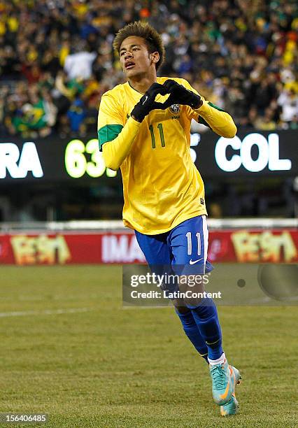 Neymar of Brazil celebrates his goal during a FIFA Friendly match between Colombia and Brazil at MetLife Stadium on November 14, 2012 in New Jersey,...